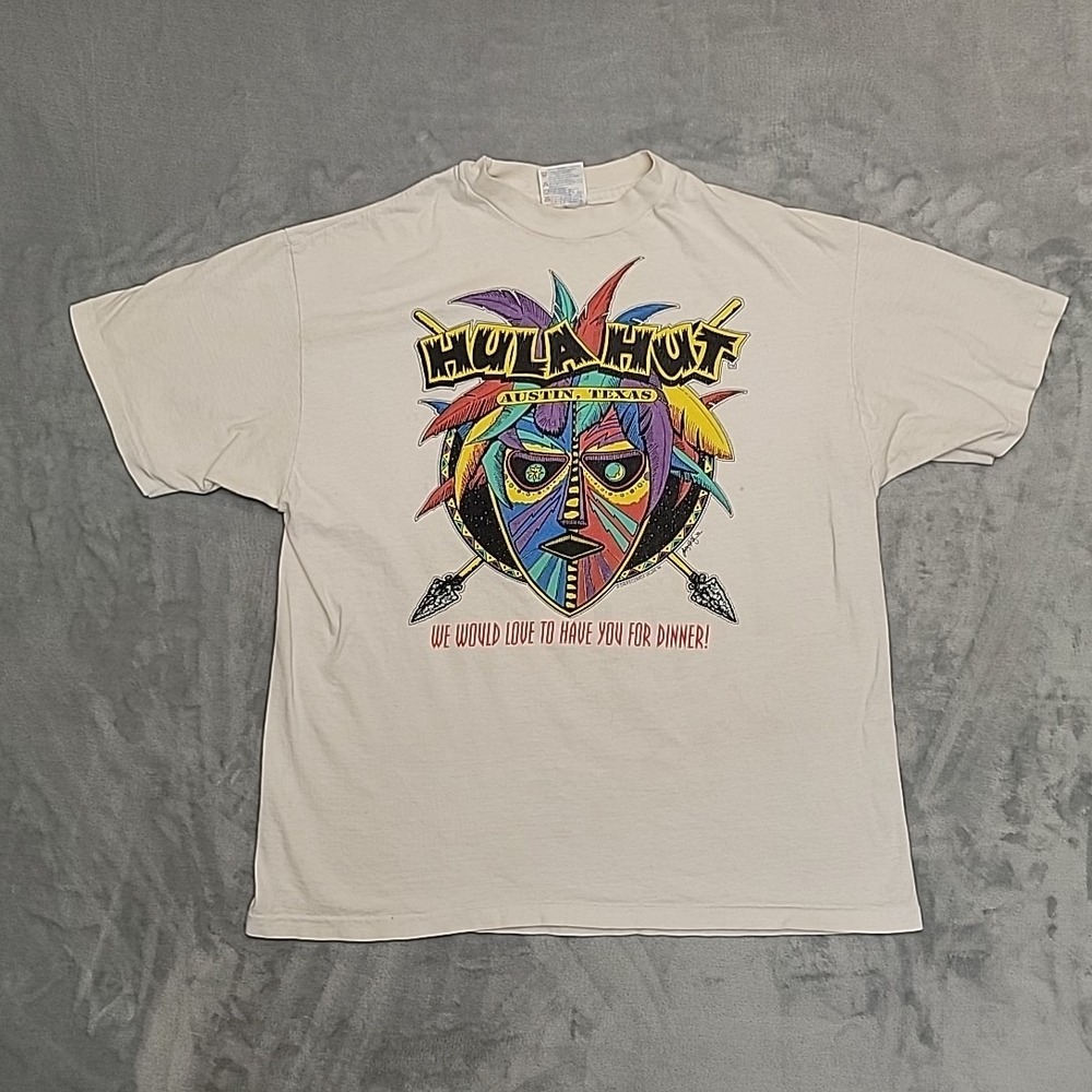 Vintage Hula Hut Shirt Mens Large‎ White Single Stitch  Austin Texas Made In USA